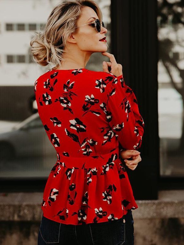 Summer deep v neck blouse for women Elegant flower printed peplum tops puff sleeve ruffles blouse shirts femme top - Takalr