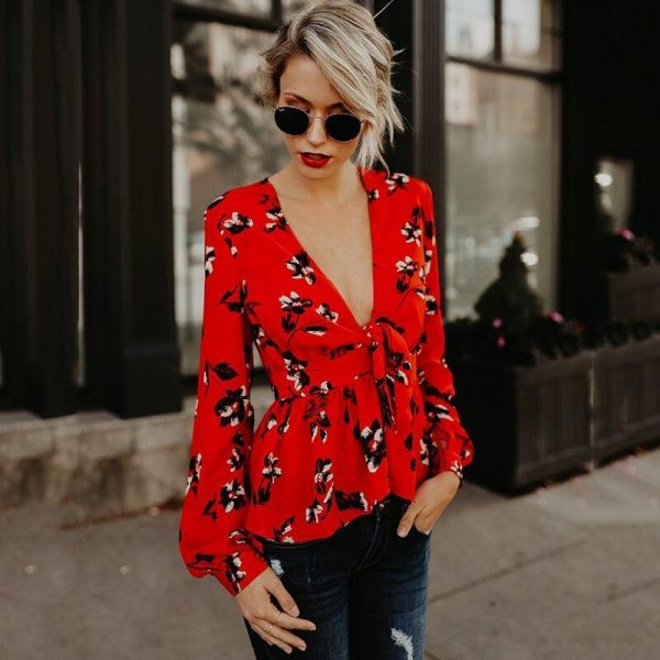 Summer deep v neck blouse for women Elegant flower printed peplum tops puff sleeve ruffles blouse shirts femme top - Takalr