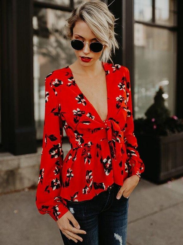 Summer deep v neck blouse for women Elegant flower printed peplum tops puff sleeve ruffles blouse shirts femme top - Takalr