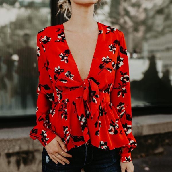 Summer deep v neck blouse for women Elegant flower printed peplum tops puff sleeve ruffles blouse shirts femme top - Takalr