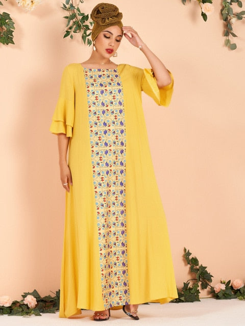 fashion and elegant lotus leaf sleeve flower vine print color matching loose large size rayon dress - Image 3