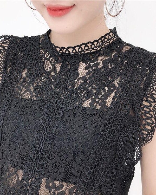 Summer new women's fresh temperament openwork lace top women's solid color wild vest women - Takalr