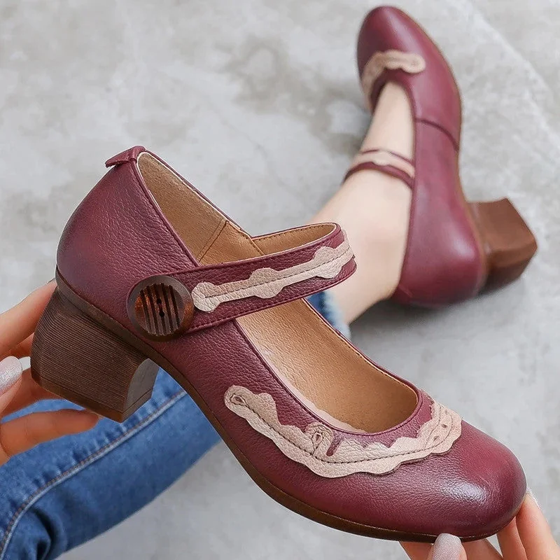Retro Mixed Colors Women's Shoes High Heels Non-slip Leather Mary Jane - Image 4