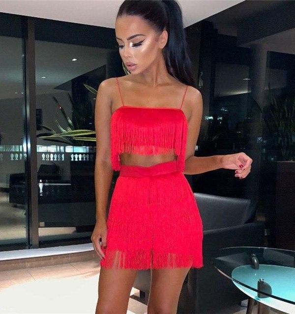 Tassel crop tops and skirts 2 piece set for women Strapless top suits Sexy club party mini skirt two piece sets Summer outfits - Takalr