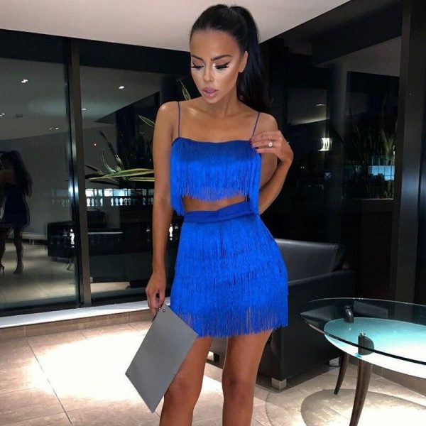 Tassel crop tops and skirts 2 piece set for women Strapless top suits Sexy club party mini skirt two piece sets Summer outfits - Takalr