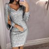 Tassel lantern sleeve sequin dress Women sexy v neck bodycon dresses Autumn fashion elegant party dress Sequined vestidos mujer - Takalr