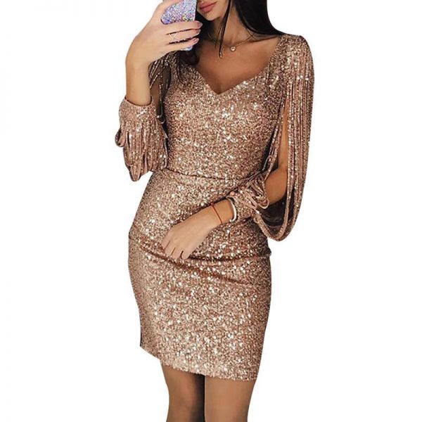 Tassel lantern sleeve sequin dress Women sexy v neck bodycon dresses Autumn fashion elegant party dress Sequined vestidos mujer - Takalr