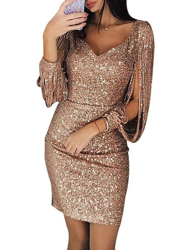 Tassel lantern sleeve sequin dress Women sexy v neck bodycon dresses Autumn fashion elegant party dress Sequined vestidos mujer - Takalr