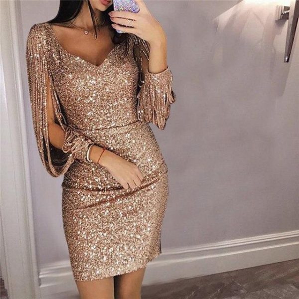 Tassel lantern sleeve sequin dress Women sexy v neck bodycon dresses Autumn fashion elegant party dress Sequined vestidos mujer - Takalr