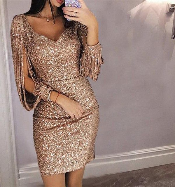 Tassel lantern sleeve sequin dress Women sexy v neck bodycon dresses Autumn fashion elegant party dress Sequined vestidos mujer - Takalr