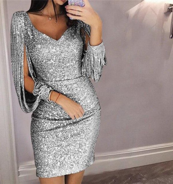 Tassel lantern sleeve sequin dress Women sexy v neck bodycon dresses Autumn fashion elegant party dress Sequined vestidos mujer - Takalr