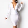 Tassels Detail Designed Plunge Dress Women Sexy V Neck Long Sleeve Bodycon Dress Winter Solid Tight Waist Party Dresses - Takalr