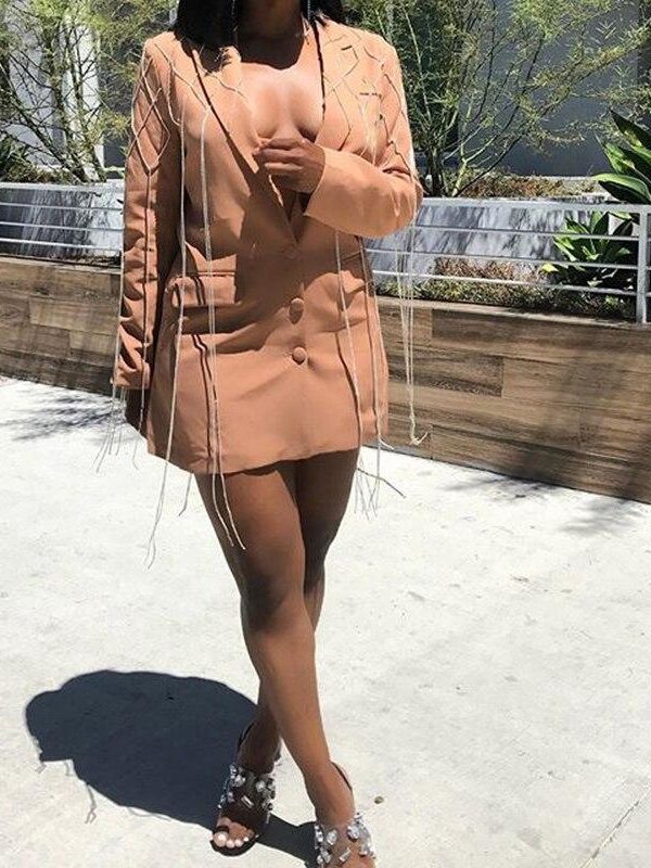 Tassels detail designed women blazer streetwear Single breasted long blazers womens blazer and jackets Khaki black veste longue - Takalr