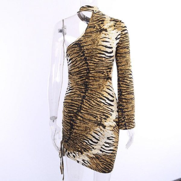 Tiger Print Lace Up Chocker Neck Long Sleeve Dress Women Streetwear Sexy One Shoulder Bodycon Party Dress - Takalr