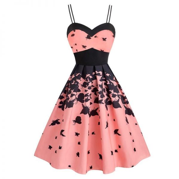 Pink Vintage Butterfly Print Elegant Party Dress Women Strap Dresses - Takalr