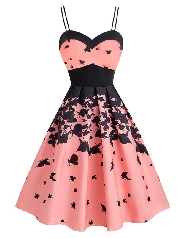 Pink Vintage Butterfly Print Elegant Party Dress Women Strap Dresses - Takalr