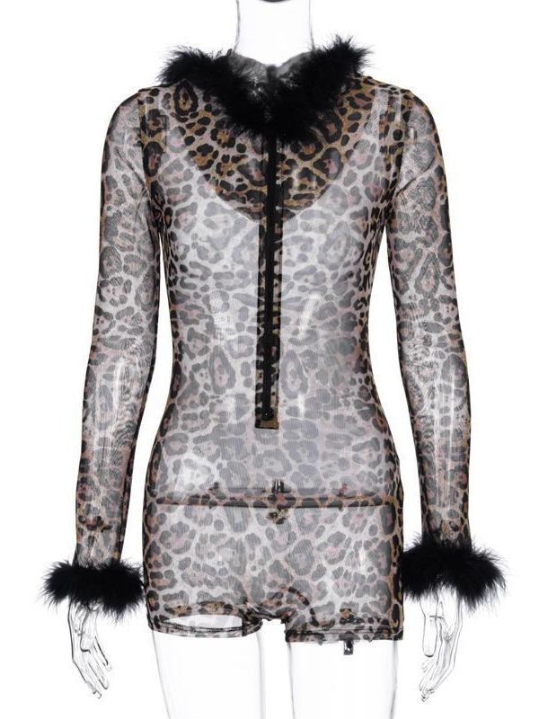 Transparent Long Sleeve Jumpsuit Women Mesh See Through Leopard Print Bodysuit Night Club Outfits with Hooded - Takalr