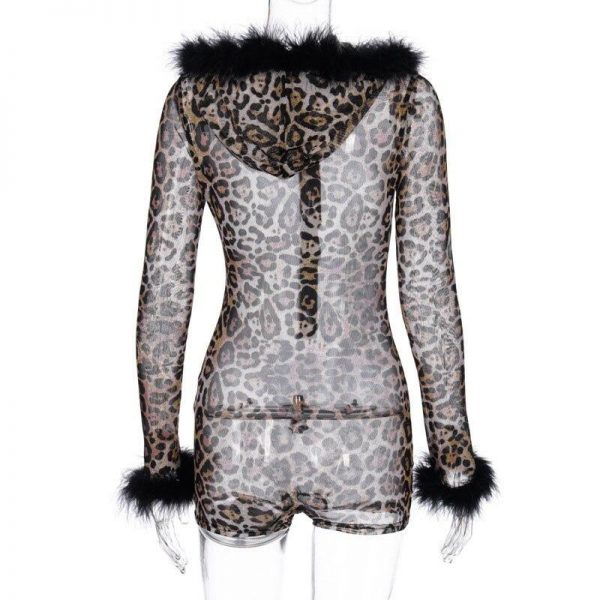 Transparent Long Sleeve Jumpsuit Women Mesh See Through Leopard Print Bodysuit Night Club Outfits with Hooded - Takalr