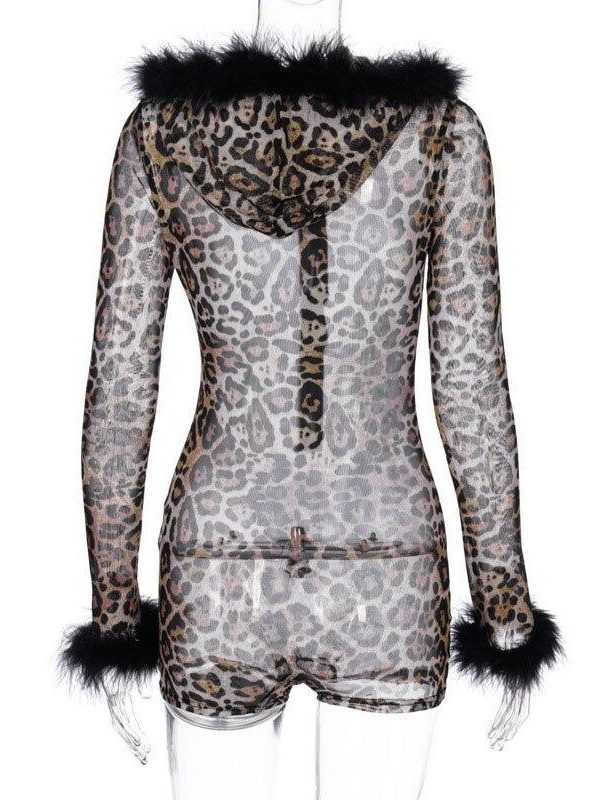 Transparent Long Sleeve Jumpsuit Women Mesh See Through Leopard Print Bodysuit Night Club Outfits with Hooded - Takalr