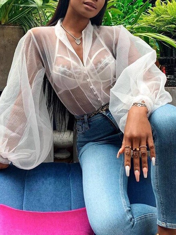 Transparent buttoned mesh long sleeve t shirt women tops Lantern sleeve turn down see through top summer Blusas mujer - Takalr