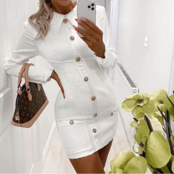 Turn Down Collar Long Sleeve Dress Winter Single Brested Elegant Office Ladies Party Dress Slim Fit White Bodycon Mini Dresses - Takalr