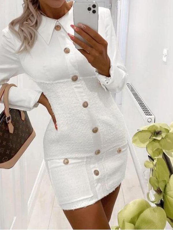 Turn Down Collar Long Sleeve Dress Winter Single Brested Elegant Office Ladies Party Dress Slim Fit White Bodycon Mini Dresses - Takalr