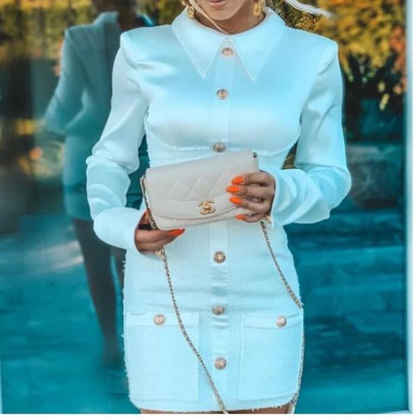 Turn Down Collar Long Sleeve Dress Winter Single Brested Elegant Office Ladies Party Dress Slim Fit White Bodycon Mini Dresses - Takalr