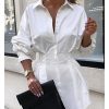 Turn down collar white shirt dress women Long sleeve high waist plunge dress Elegant button design dresses vestidos autumn - Takalr