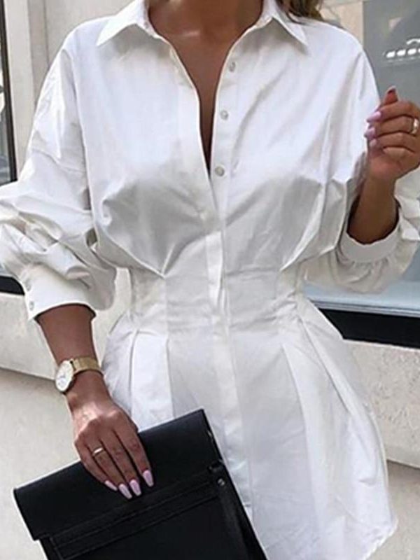 Turn down collar white shirt dress women Long sleeve high waist plunge dress Elegant button design dresses vestidos autumn - Takalr