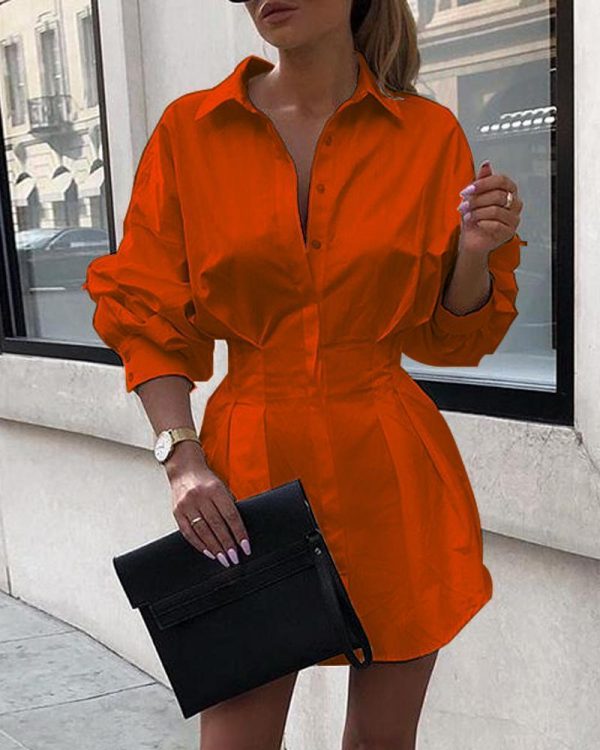 Turn down collar white shirt dress women Long sleeve high waist plunge dress Elegant button design dresses vestidos autumn - Takalr