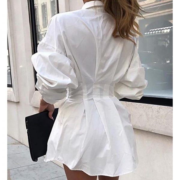 Turn down collar white shirt dress women Long sleeve high waist plunge dress Elegant button design dresses vestidos autumn - Takalr