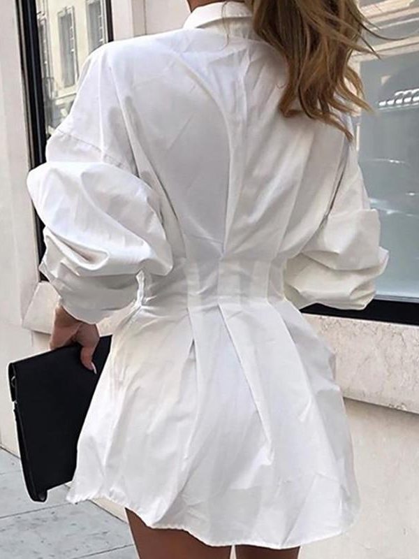 Turn down collar white shirt dress women Long sleeve high waist plunge dress Elegant button design dresses vestidos autumn - Takalr