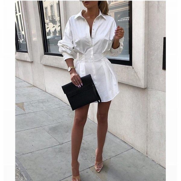 Turn down collar white shirt dress women Long sleeve high waist plunge dress Elegant button design dresses vestidos autumn - Takalr