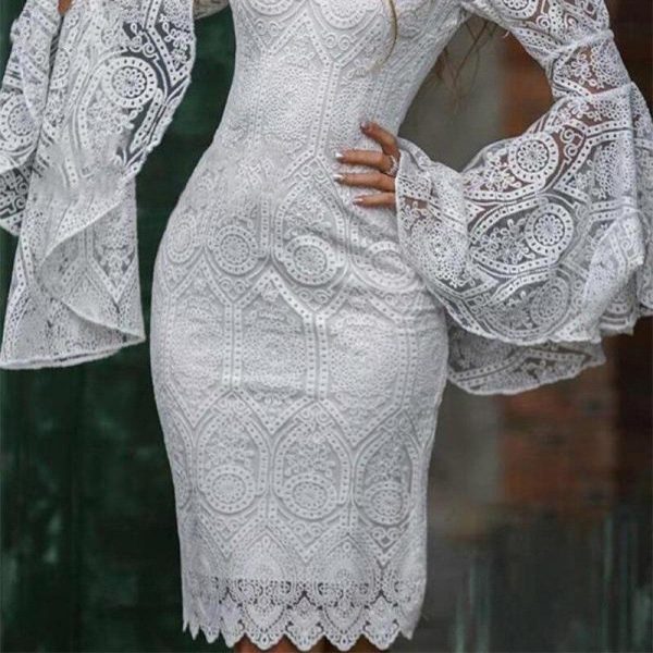 Turtleneck 2 piece set lace dress women Flare sleeve slim fit  party dress Eelgant office ladies white dresses Knee vestidos - Takalr