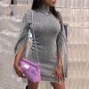 Turtleneck dress women slit flare sleeve bodycon dress Autumn shinny mini dresses Silver glitter party dress vestiods mujer - Takalr