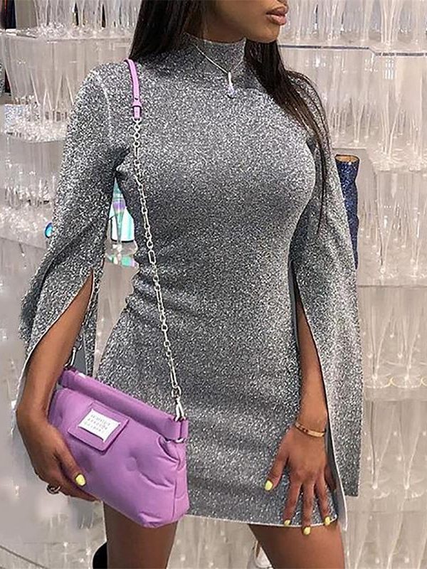 Turtleneck dress women slit flare sleeve bodycon dress Autumn shinny mini dresses Silver glitter party dress vestiods mujer - Takalr