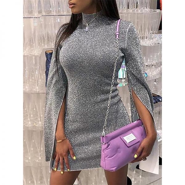 Turtleneck dress women slit flare sleeve bodycon dress Autumn shinny mini dresses Silver glitter party dress vestiods mujer - Takalr