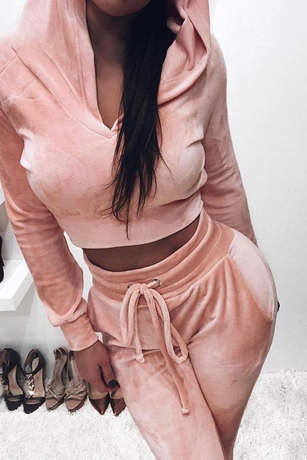 Two Piece Set Women Solid Long Sleeve Hoodies and Drawstring Sweatpants Tracksuit Spring Streetwear Velvet Two Piece Suits - Takalr