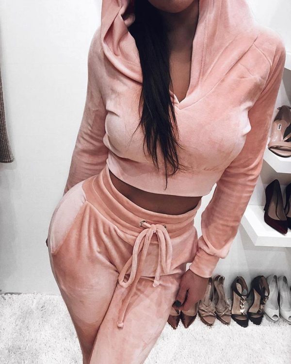 Two Piece Set Women Solid Long Sleeve Hoodies and Drawstring Sweatpants Tracksuit Spring Streetwear Velvet Two Piece Suits - Takalr