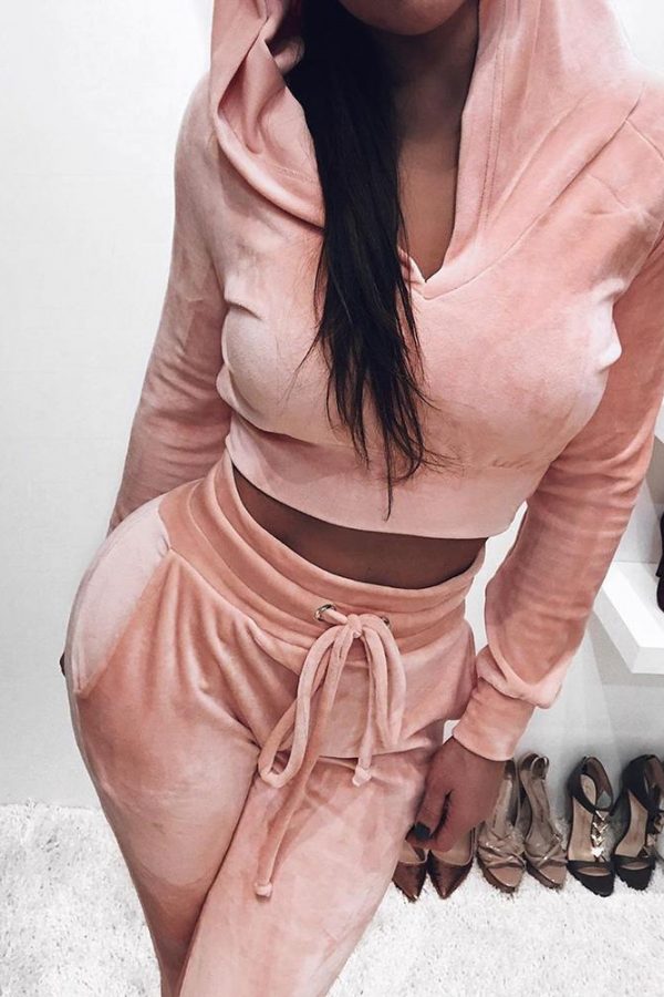 Two Piece Set Women Solid Long Sleeve Hoodies and Drawstring Sweatpants Tracksuit Spring Streetwear Velvet Two Piece Suits - Takalr