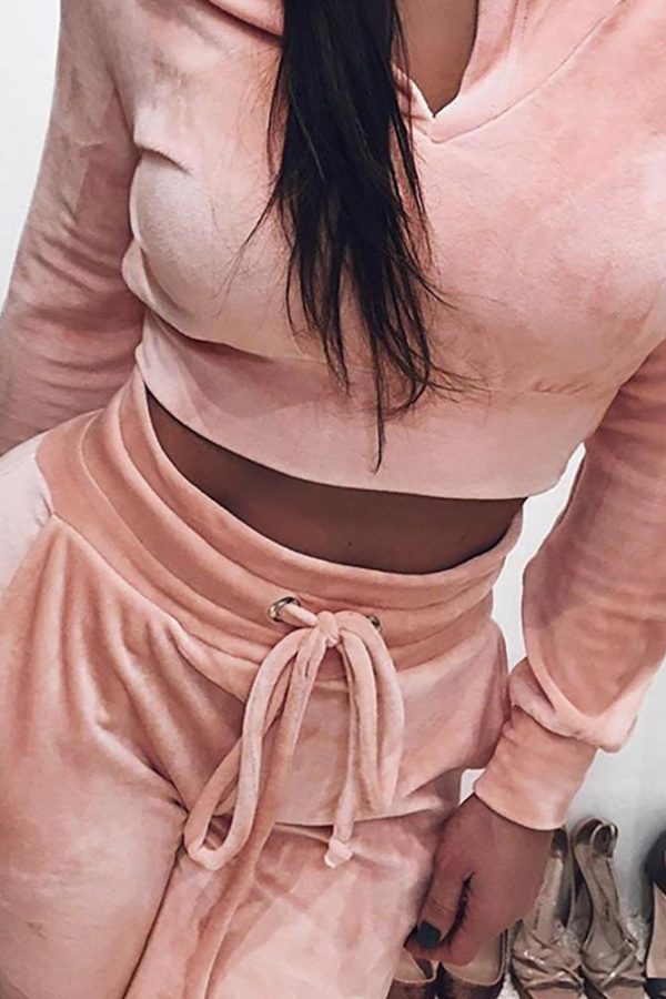 Two Piece Set Women Solid Long Sleeve Hoodies and Drawstring Sweatpants Tracksuit Spring Streetwear Velvet Two Piece Suits - Takalr