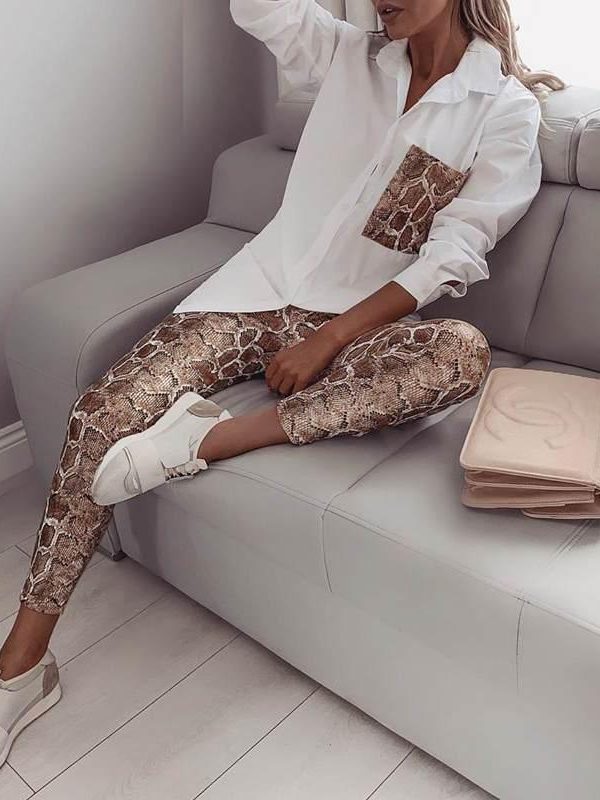 Two Piece Set Women Streetwear Snake Contrast Pocket Top Pants Design Pants Set Fashion Autumn Casual Clothes 2019 Tracksuits - Takalr