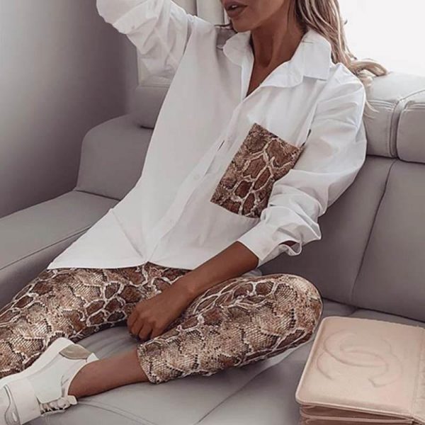 Two Piece Set Women Streetwear Snake Contrast Pocket Top Pants Design Pants Set Fashion Autumn Casual Clothes 2019 Tracksuits - Takalr