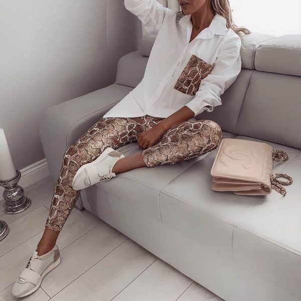 Two Piece Set Women Streetwear Snake Contrast Pocket Top Pants Design Pants Set Fashion Autumn Casual Clothes 2019 Tracksuits - Takalr