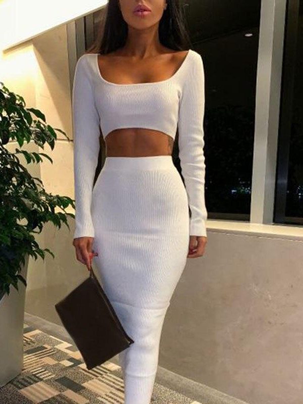 Two piece set Women long sleeve cop tops and pencil skirts suits Summer fashion solid tracksuit Womens outfit 2 piece sets - Takalr