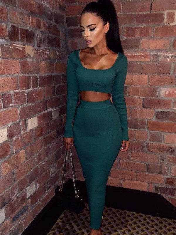 Two piece set Women long sleeve cop tops and pencil skirts suits Summer fashion solid tracksuit Womens outfit 2 piece sets - Takalr