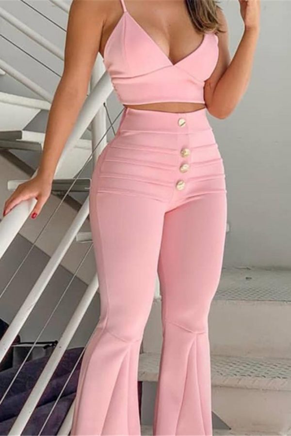 Two piece set women Flare pants crop tops sets Spaghetti strap v-neck suit Cami Top & buttoned Bell-bottom pants set tracksuit - Takalr