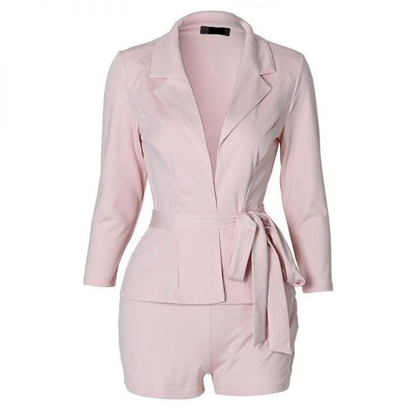 Two piece set women Solid notched neck belted blazer with shorts Summer short sleeve blazer shirts set Casual outfits femme - Takalr