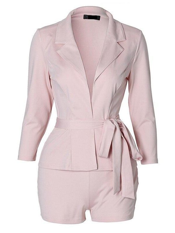 Two piece set women Solid notched neck belted blazer with shorts Summer short sleeve blazer shirts set Casual outfits femme - Takalr