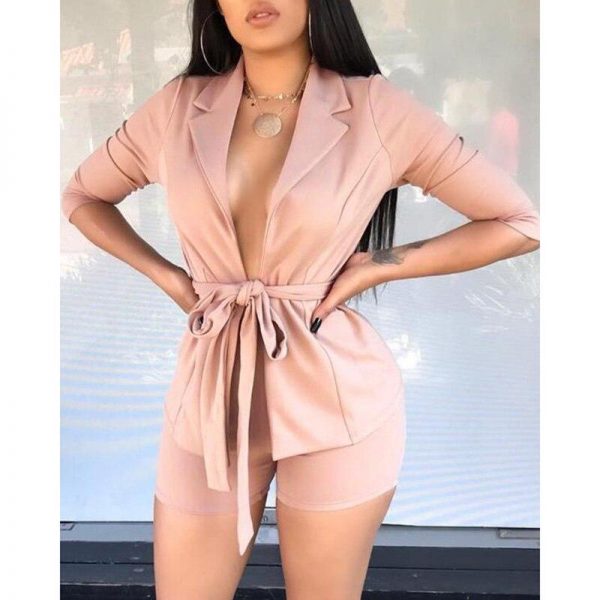 Two piece set women Solid notched neck belted blazer with shorts Summer short sleeve blazer shirts set Casual outfits femme - Takalr